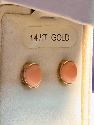 NUEVO~ORO AMARILLO 14k~**PENDIENTES POSTE SEMI BISEL CORAL**~Forma ovalada~EN CAJA Foto 1 de 4