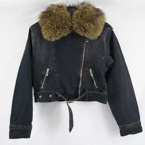 True Religion Fur TriDark Wash Cropped Denim Motorcycle Jacket in Women's Size S - Picture 1 of 6
