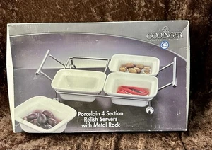 Godinger Porcelain 4 Section Relish Servers with Metal Rack -New In Box - Picture 1 of 3