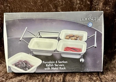 Godinger Porcelain 4 Section Relish Servers with Metal Rack -New In Box - Image 1 of 3