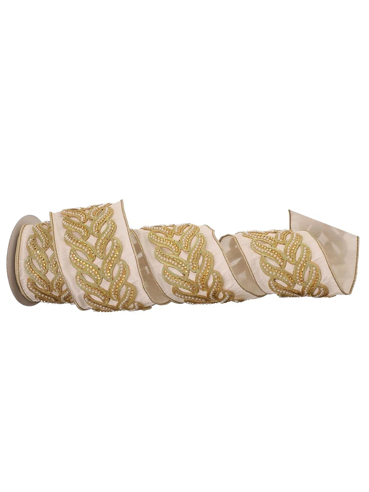 Regency International Jewel Pearl Trim Ribbon, 15 ft, Ivory/Gold