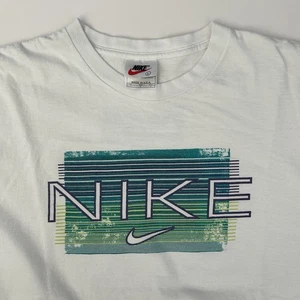 Vintage 90s Nike T Shirt Mens Large White Swoosh Teal Spell Out Nike Made In USA - Picture 1 of 10