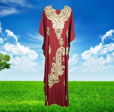 Womens Kaftan Maxi Dress, Summer Red Hand Embroidered Beach Cover Up, LoungL-3XL