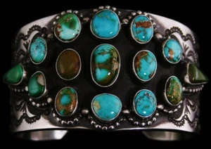 Herman Smith Royston Turquoise Double Sided Sterling Silver Cluster Bracelet - Picture 1 of 6