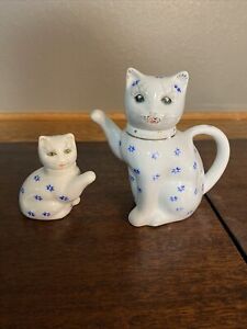 2 Cat Creamer Miniature Tea Pot Blue & White Floral Kitty Raised Paw for Pouring