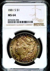 1881-S $1 Morgan Silver Dollar NGC MS 64 Sunset Pastel Iridescent Toning  CC441 - Picture 1 of 7
