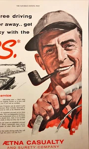 Aetna 1955 Casualty Auto Assurance Vintage Print Ad Homme avec Pipe Conduite Voiture - Photo 1/8
