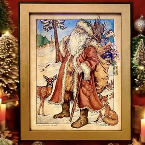 Old World Santa Clause Christmas Lithograph Holiday Framed Wall Art Vintage 15”T - Picture 1 of 13