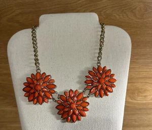 Tangerine Orange Art Deco Starburst Chunky Bib Statement Necklace Gold Tone - Picture 1 of 8