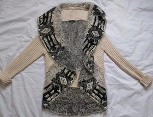 Sioni Cardigan Pullover vorne offen Strick Wollmischung creme schwarz Boho Damen Large - Bild 1 von 12