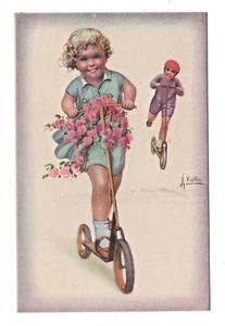 Artist Signed A.Kollin Postcard Vintage Postcard Kids on Scooter MA1482 - Picture 1 of 2