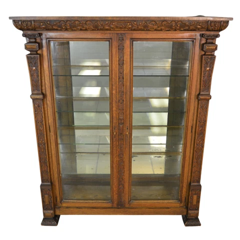 Antique Curio Cabinet, Oak Carved Mirror Back Crystal Cabinet #21435 Cover