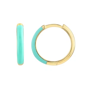 14Kt Yellow Gold 11X2mm Half Turquise Enamel And Half Plain Gold Hinged Hoop - Picture 1 of 1