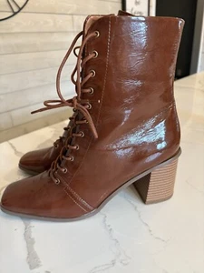 Asos Design Boots Womens 9 Rylee Lace Up Zip Bootie Brown Patent Leather Heels - Picture 1 of 6