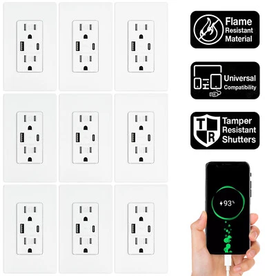 1-10X USB Outlet Type-C/A Wall Charger 15A Receptacle Plug Electrical Socket Lot - Image 1 of 4
