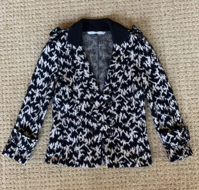Mujer DVF Diane von Furstenberg Lana Algodón Eleanora Punto Chaqueta 2 Negro Estampado Foto 1 de 4