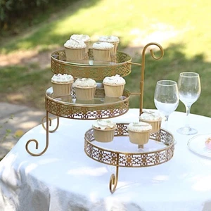 GOLD CLEAR 28" Round 3-Tier Metal Rotating CUPCAKE STAND Acrylic Plates Party - Picture 1 of 8