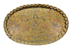 Etched OVAL Polychrome VINTAGE Brass Pictorial Pie Crust TRAY Table Top INDIA - Picture 1 of 15