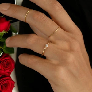 14K Solid Gold Dainty Princess Cut Center Diamond Ring, Minimalist Diamond Ring - Picture 1 of 6