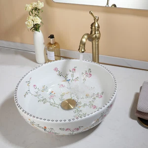 Flower&Bird Bathroom Vessel Sink Round White Ceramic Basin Bowl Combo Faucet Set - Picture 1 of 31