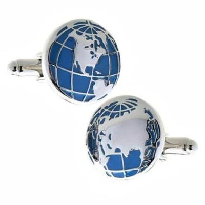 WORLD MAP CUFFLINKS Globe Trotter Jet Set Traveler Travel Blue Silver w GIFT BAG - Image 1 of 3