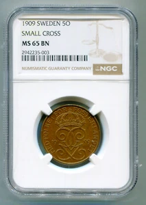 Sweden 5 Ore 1909 small cross type NGC MS65 BN Gem!! lotapr9778 - Picture 1 of 2