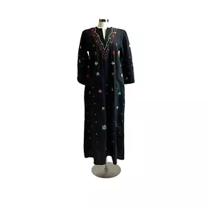 Vintage Ramona Rull Black Floral Embroidery Mirror Maxi Boho Caftan Cotton Dress - Picture 1 of 6