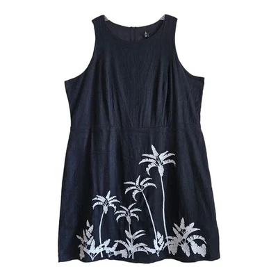 Vestido para mujer JASON WU Plus 22 22W negro blanco bordado palmeras mezcla de lino Foto 1 de 4