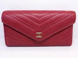 Cartera Larga CHANEL CC Logo Chevron Punto en V Roja con Caja Auténtica de Japón - Imagen 1 de 6