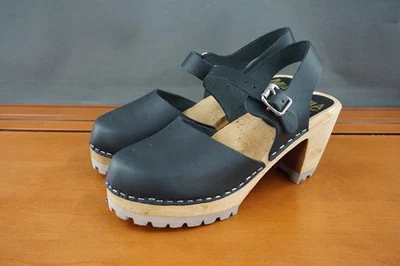 Sandalias suecas con tacón zueco MIA Abba para mujer 39 EUR/9 EE. UU. de cuero negro Foto 1 de 4