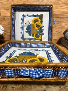 Two large wicker baskets lined - blueberries- fabric- 16” square & 17” square - Picture 1 of 6