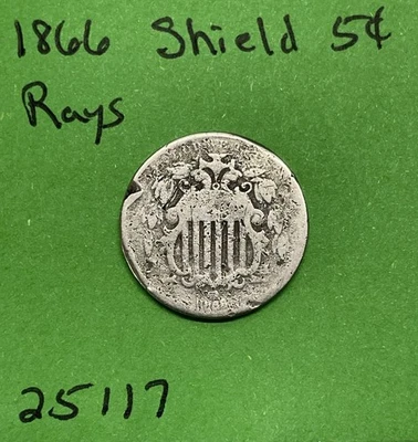 Escudo de níquel 1866 pieza de 5 centavos - con rayos Foto 1 de 3