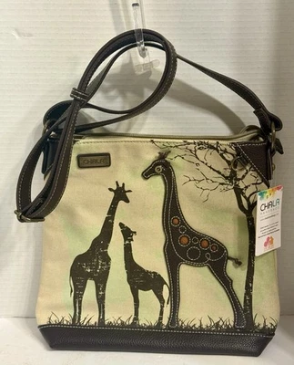 CHALA Handbag Safari Canvas Tote / Purse Giraffes Sand, Brown & Green Accents - Image 1 of 4