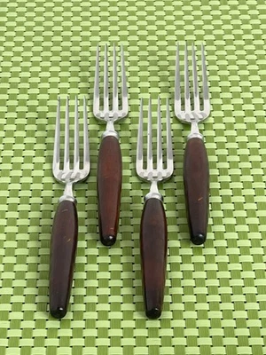Vintage Stainless Steel 4 Dinner Forks Japan Wood Like Handle Flatware - 7 5/8" - Image 1 of 4