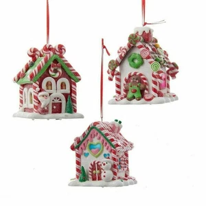 New Set Of 3 Gingerbread House Light Up Ornaments D2462 Peppermint Trim - Picture 1 of 4