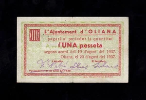 F.C. OLIANA (LÉRIDA) , 1 PESETA 1937 , MBC , SUCIO . - Bild 1 von 2
