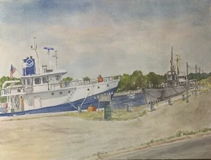 Muskegon Channel With 3 Boats, Michigan - Original Watercolor Painting - Picture 1 of 1
