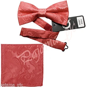 CORAL Paisley Pre-tied Bow tie and Pocket Square Hanky Set Formal Party Wedding - Picture 1 of 1