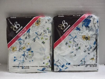 NEW VINTAGE BIBB TWIN FLAT & FITTED SHEET SET *COVINGTON* BLUE GRAY FLORAL USA - Image 1 of 4