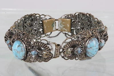 DISFRAZ TURQUESA Y BLANCO CABUJÓN ANTIGUO FILIGRANA PULSERA MODA 3688 Foto 1 de 3
