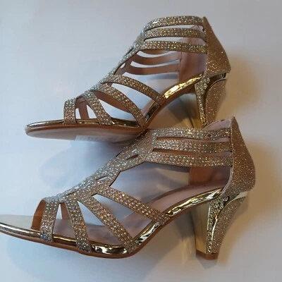 Sandalias de fiesta de tacón alto con cuña con tiras 7,5 ajuste ancho jaulas con cremallera trasera Gladiador Foto 1 de 4