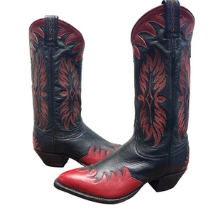 Vintage Black Red Flame Stitched TONY LAMA Cowboy Western BOOTS 7 M CLEAN! Rare - Picture 1 of 13