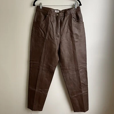 Vintage 90s Together Brown Leather Pants Barrel Tapered Zip Button 29" Size 12 - Image 1 of 4