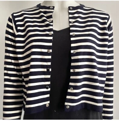 Cárdigan Karen Millen Para Mujer Logo A Presión Rayas Negro Blanco Claro Suéter Talla 4 Foto 1 de 4