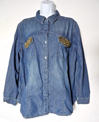 Camisa Blusa Top Chicos Talla 3 XL Denim Cuentas Cambray Joyas Western LEER Foto 1 de 4