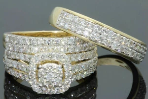 Simulated Diamond Trio His Her Wedding Engagement Ring Set 14k Yellow Gold Over - Picture 1 of 5