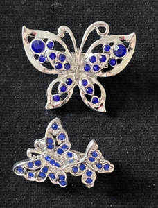 Stunning Rhinestone Blue Crystal Silver Tone Butterfly Duo Brooch Pin B15 - Picture 1 of 3