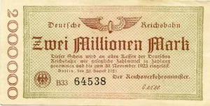 Europa, Deutschland: Eisenbahnpost 1. Weltkrieg 2 Millionen Mark 1923 - Bild 1 von 2