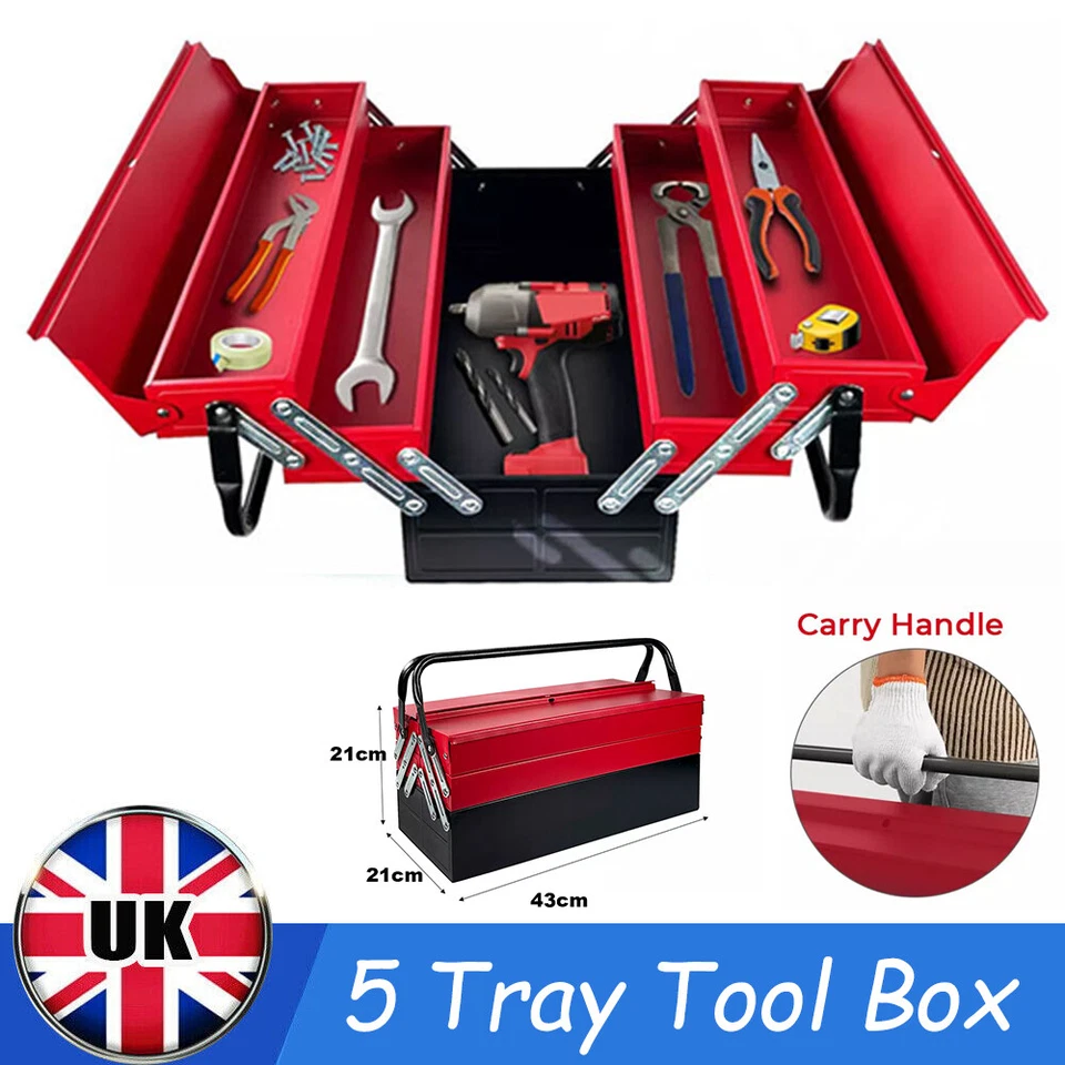 Heavy Duty Metal Cantilever 5 Tray Toolbox Storage Tool Box Red with Handle