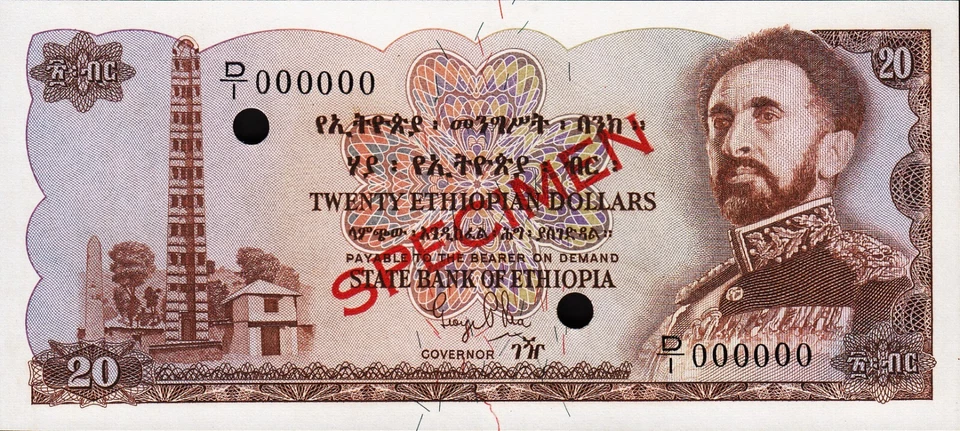 Ethiopia 20 Dollars 1961, UNC, SPECIMEN, D/I 000000, P-21s, RARE!! - Image 1 of 4